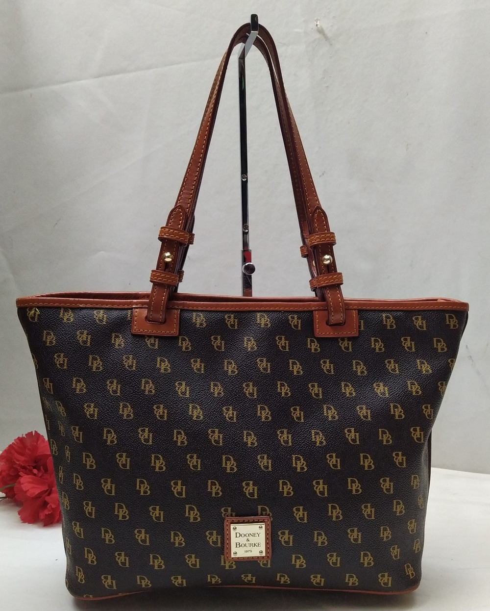 Dooney & Bourke Brown Leather DB Printed Double Handles Tote Bag